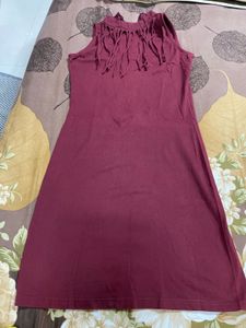 Maroon Fringed Sleeveless Dress