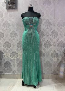 blue beaded gown