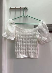 Chrochet White Puff Sleeve Knit Top