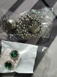 combo offer Elegant Silver Jhumkas / Emerald Ear