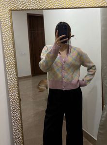 ZARA Pastel Argyle Pattern Knit Cardigan