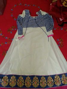 Elegant White Anarkali with Blue Checkered Bodice
