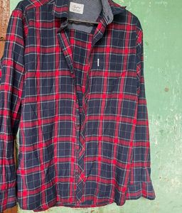 Men's Red and Navy Plaid Long Sleeve Shirt