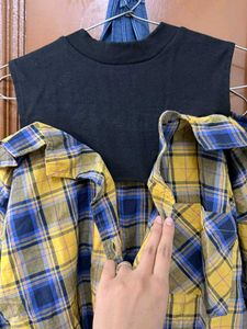 Yellow &amp; Blue Plaid Cold Shoulder Top