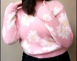 Pink Floral Fuzzy Sweater