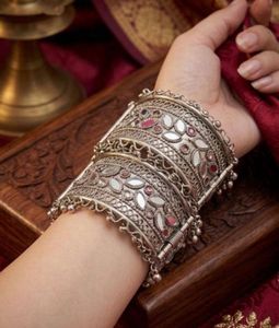 Boho Silver Mirror Work Bangles