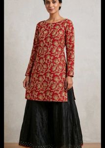 Red Embroidered Kurta With Black Skirt