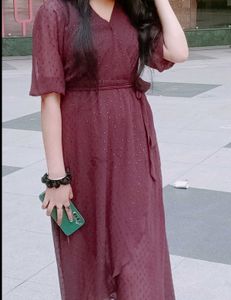 Chic Maroon Textured Wrap Dress