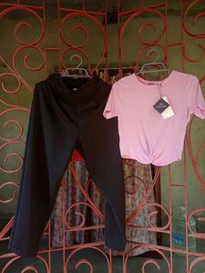 Black Pant With Belt And Pink Ribbed Crop Top