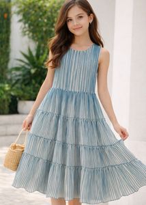 Girls Blue Striped Tiered Dress
