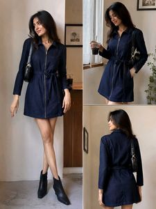 Stylish Denim Zipper Dress with Belt