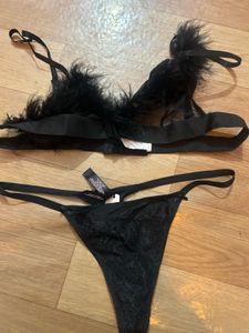 Black Feather Trimmed Bra &amp; Thong Set