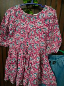 Stylish Pink Printed Kurta with Blue Pants