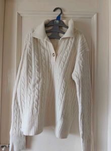 Cream Cable Knit Collared Sweater