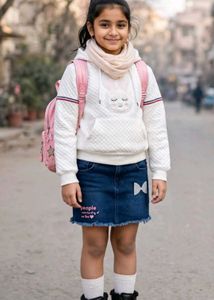 Cute Girls Hoodie & Denim Skirt Set