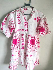 White Dress with Pink Tropical Print