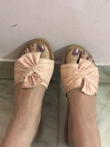 Peach Bow Slip-On Sandals