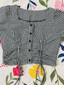 Gingham Square Neck Puff Sleeve Top