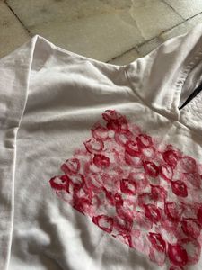 White T-Shirt with Red Abstract Print