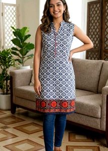 Stylish Blue & White Printed Sleeveless Kurta