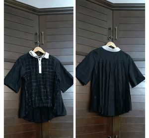 Women Black Shirt Pleated Check Top