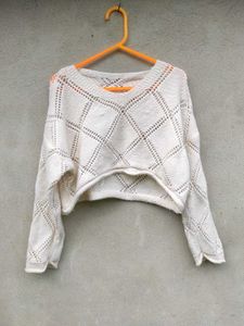 Cream Cropped Knit Sweater