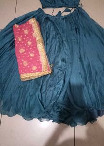 Teal Blue Lehenga Choli with Pink Dupatta
