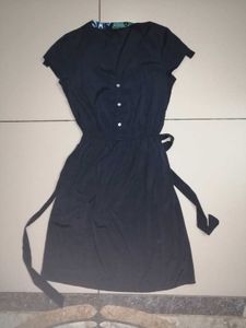 Navy Blue V-Neck Tie-Waist Dress