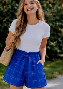 Blue Plaid High-Waisted Shorts