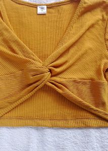 Mustard Yellow Ribbed Twist Front Top