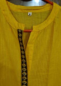 Yellow Striped Kurta with Embellished Neckline