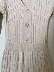 Cream Ribbed Knit Button-Up Midi Dress