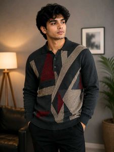 Men's Geometric Pattern Polo Sweater