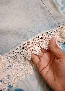 Light Wash Denim Shorts with Lace Trim