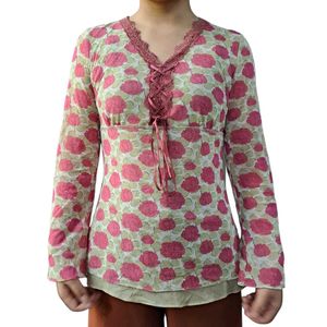 Floral Print Lace-Up V-Neck Blouse