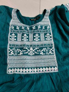 Teal Ethnic Gown with White Embroidery