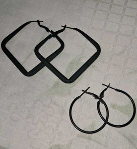 Black Square & Round Hoop Earrings Set