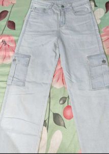 Light Wash Wide Leg Cargo Jeans