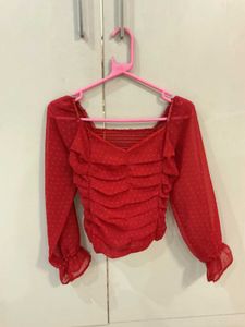 Red Sheer Ruffle Long-Sleeve top