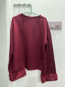 Maroon Faux Fur Trim Long Sleeve Top
