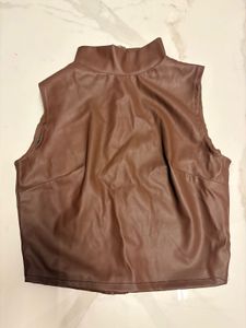 Brown Faux Leather Mock Neck Top