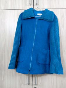 Blue Knit Sleeve Zip-Up Jacket