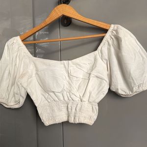 SPYKAR White Puff Sleeve Smocked Crop Top