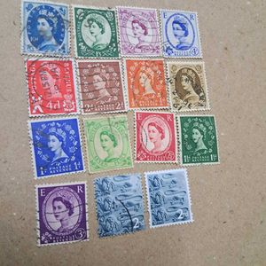 13 1950s Great Britain Queen Elizabeth Stamps U.K
