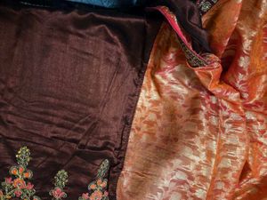 Embroidered  Brown Cotton Silk Saree