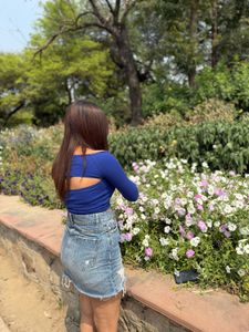 Cute Denim Mini Skirt With Blue Ribbed Top