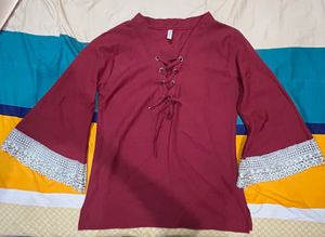Maroon Lace-Up Bell Sleeve Top