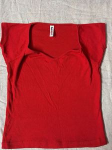 Red Ribbed Square Neck Top