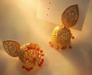 Red &amp; Gold Jhumka Earrings with Stones