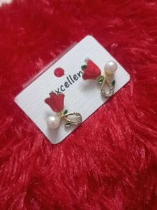 Pearl & Red Tulip Stud Earrings